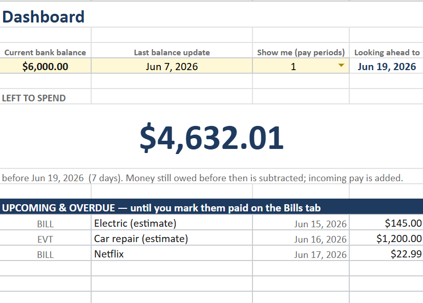 ClearToSpend Dashboard — calm state showing left to spend with all upcoming bills