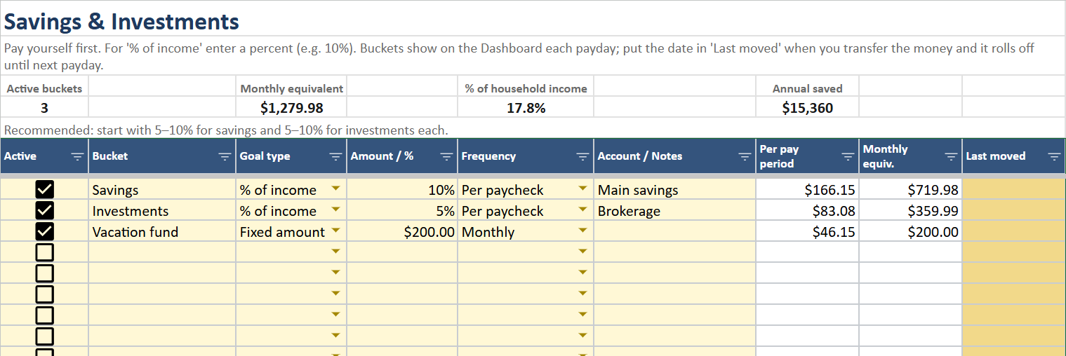 Savings & Investments tab showing three savings buckets with % of income